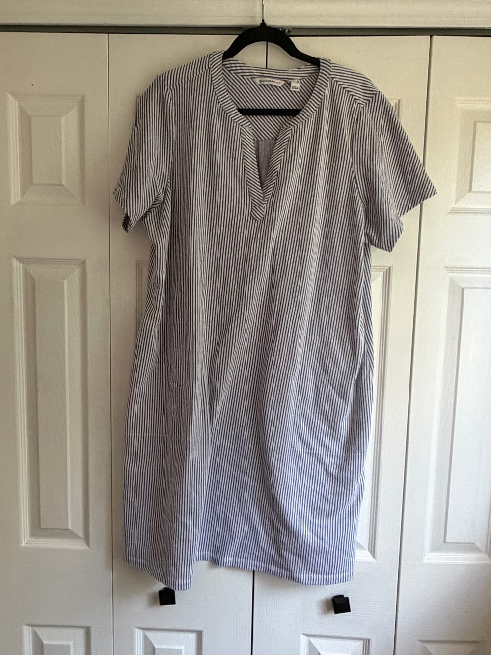 Isaac Mizrahi Navy and White Striped Midi Shirt Dress
